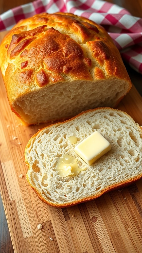 Quick No-Yeast Bread Recipe A golden-brown loaf of no-yeast bread sliced on a wooden board with butter melting on top.